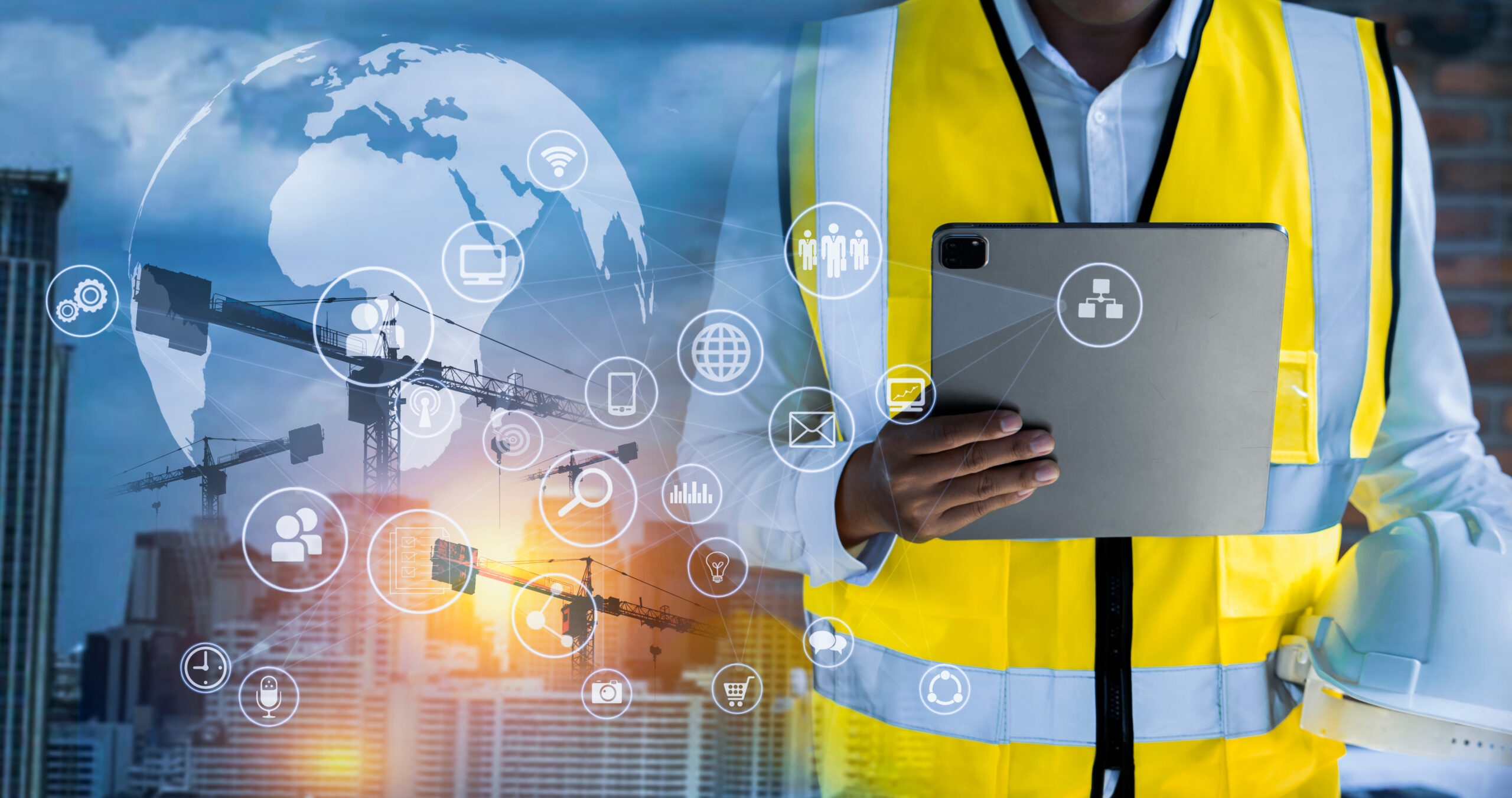 Future building construction engineering and technology project concept. double exposure graphic with engineer using digital tablet and smart industry and IOT software to control operation. Future building construction engineering and technology project concept. double exposure graphic with engineer using digital tablet and smart industry and IOT software to control operation.